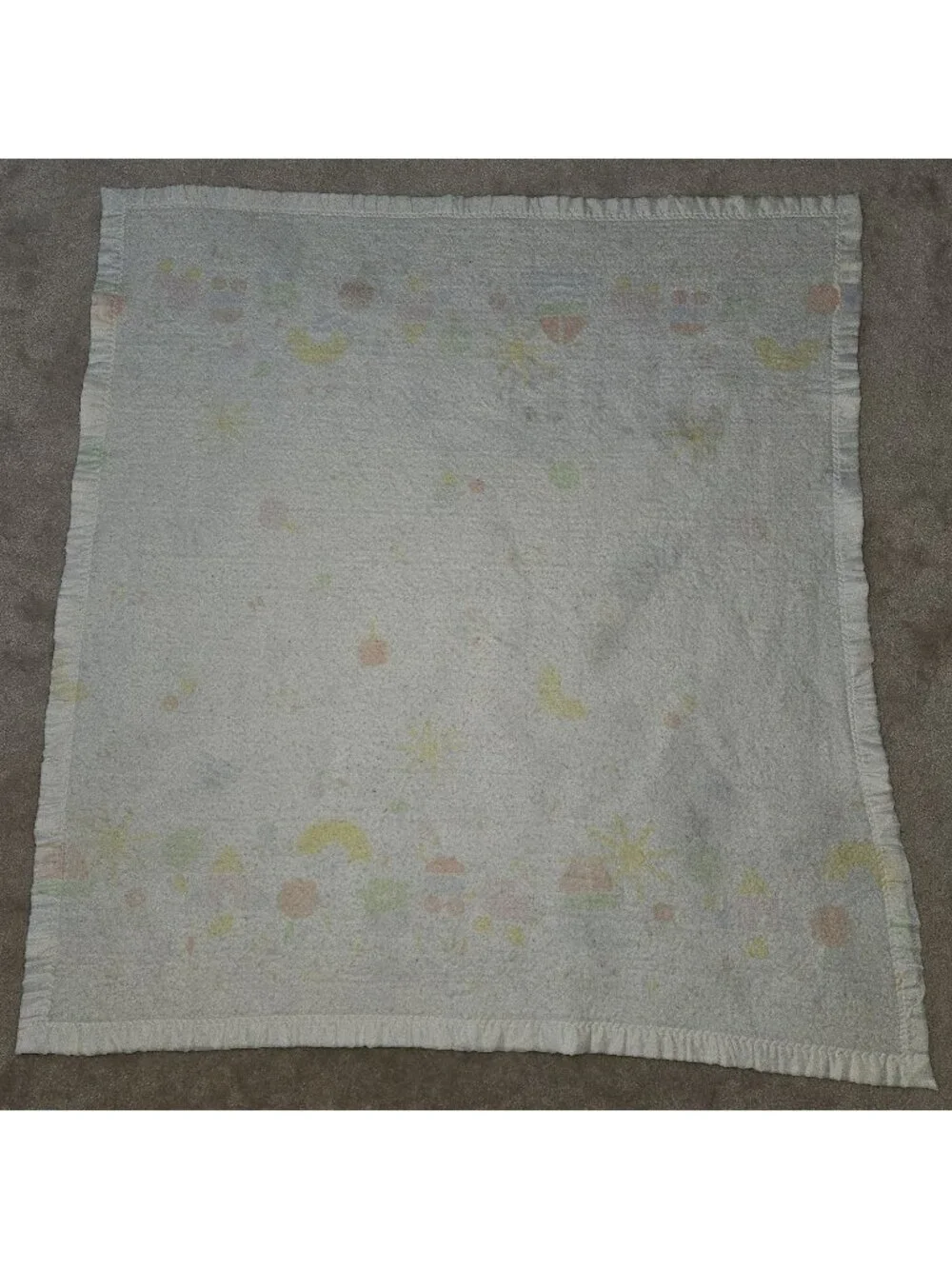 VTG WPL 1675 Acrylic Baby Blanket Satin Trim Boat Train Sun Tree FADED AS IS